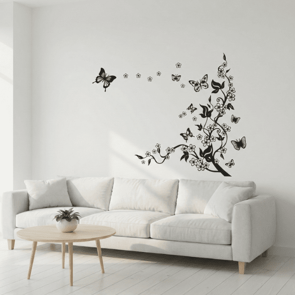  Butterfly and floral wall decal with  flowers for living room