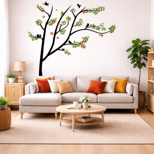 Self-adhesive tree wall decal installed in Indian home bedroom