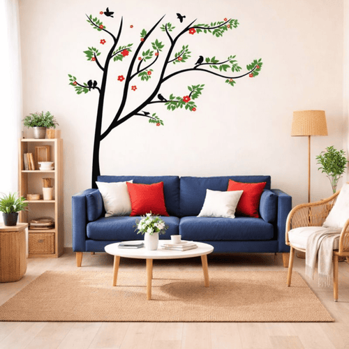  Nature-inspired wall sticker with black branch and floral accents