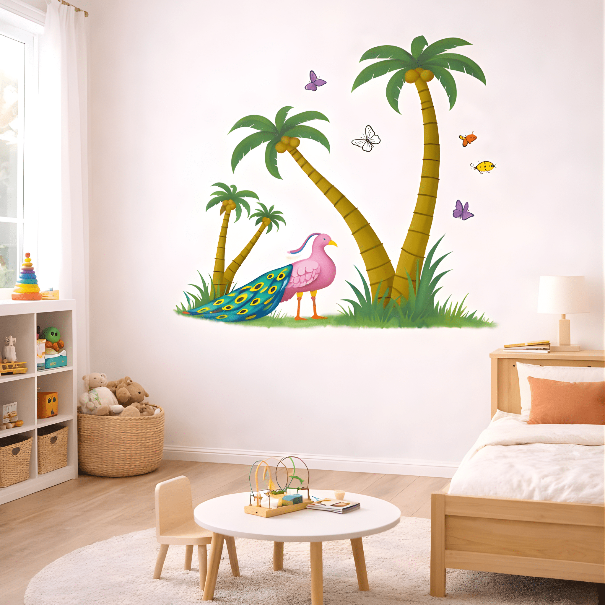 Tropical jungle nursery mural showing full wall installation