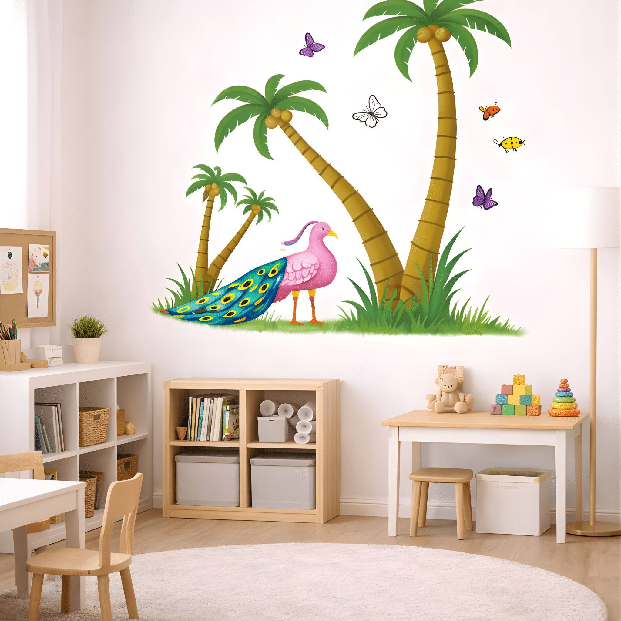 Complete tropical mural set with palm fronds and ladybugs for baby room