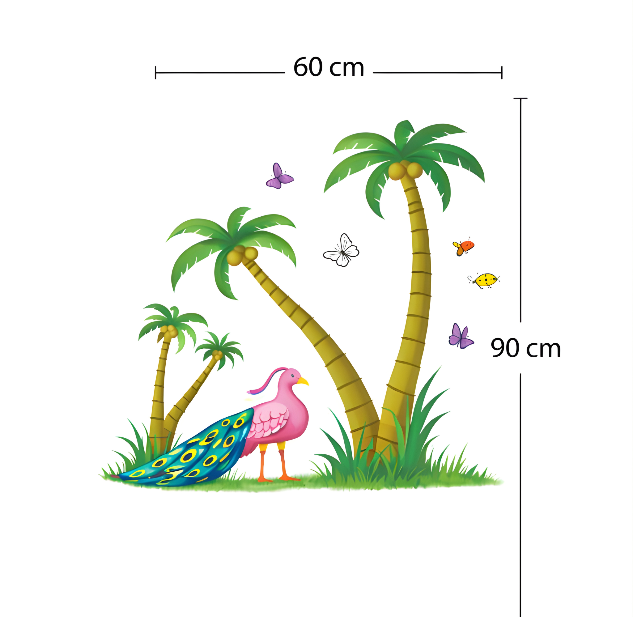 Pink peacock wall decal detail with palm trees for kids room
