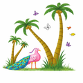 Tropical jungle wall decal with palm trees and pink peacock for nursery Image