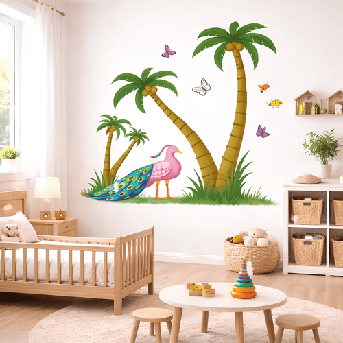 Hand-illustrated peacock and butterfly wall sticker for kids room